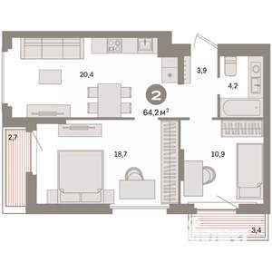 2-к квартира, вторичка, 64м2, 6/8 этаж
