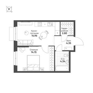 1-к квартира, строящийся дом, 41м2, 8/25 этаж