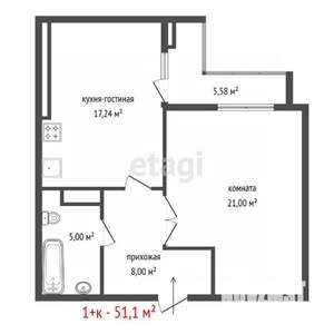 1-к квартира, вторичка, 51м2, 2/23 этаж