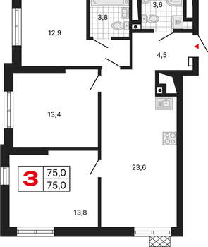 3-к квартира, вторичка, 76м2, 17/15 этаж