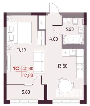 1-к квартира, строящийся дом, 41м2, 10/25 этаж