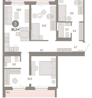 3-к квартира, вторичка, 95м2, 8/9 этаж