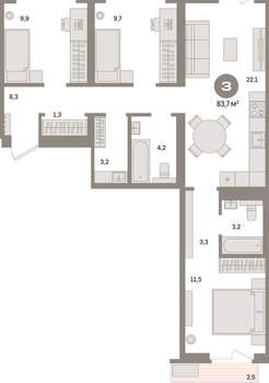 3-к квартира, вторичка, 81м2, 6/9 этаж