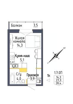 1-к квартира, строящийся дом, 28м2, 1/9 этаж