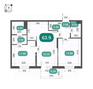 2-к квартира, вторичка, 64м2, 21/25 этаж