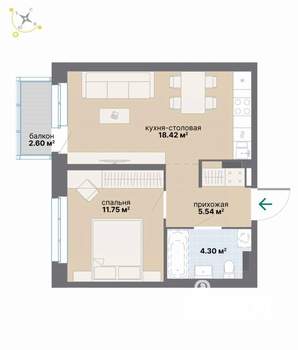 1-к квартира, вторичка, 43м2, 3/9 этаж