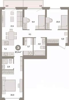 3-к квартира, вторичка, 87м2, 3/16 этаж
