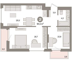 2-к квартира, вторичка, 64м2, 2/16 этаж