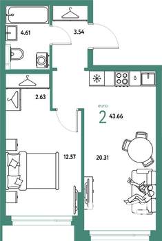 2-к квартира, строящийся дом, 44м2, 3/24 этаж