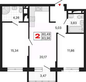 2-к квартира, вторичка, 64м2, 8/25 этаж