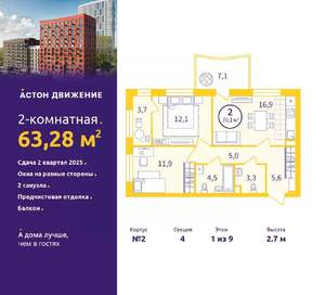 2-к квартира, вторичка, 63м2, 1/9 этаж