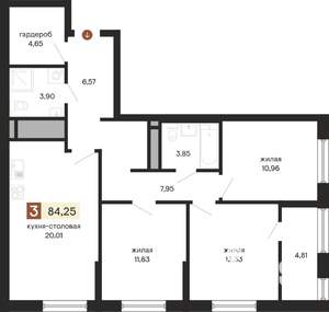 3-к квартира, строящийся дом, 84м2, 2/25 этаж