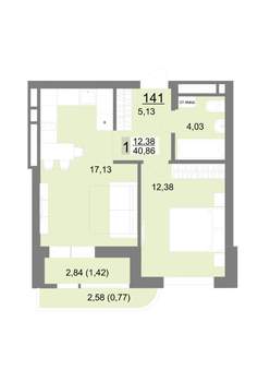 1-к квартира, строящийся дом, 41м2, 20/22 этаж