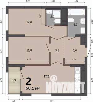 2-к квартира, строящийся дом, 60м2, 21/23 этаж
