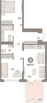 2-к квартира, вторичка, 69м2, 2/16 этаж