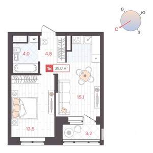 1-к квартира, строящийся дом, 39м2, 20/25 этаж