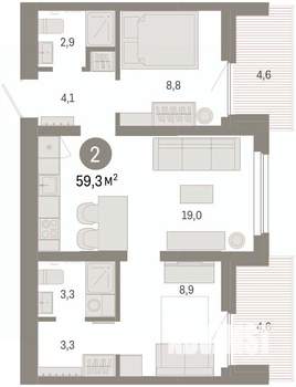 2-к квартира, вторичка, 59м2, 7/9 этаж
