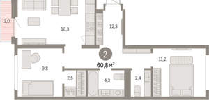 2-к квартира, вторичка, 61м2, 8/9 этаж