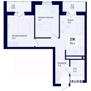 2-к квартира, вторичка, 58м2, 9/18 этаж