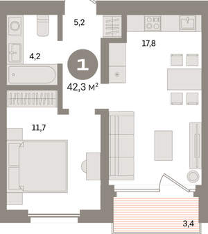 1-к квартира, вторичка, 42м2, 3/24 этаж