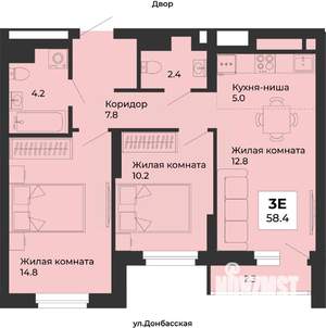 3-к квартира, строящийся дом, 58м2, 4/25 этаж