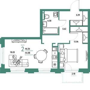 2-к квартира, строящийся дом, 46м2, 9/20 этаж