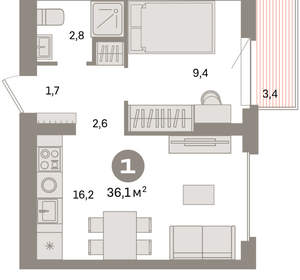 1-к квартира, вторичка, 36м2, 9/9 этаж
