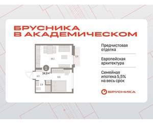 1-к квартира, вторичка, 35м2, 6/9 этаж