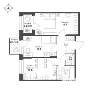 2-к квартира, вторичка, 57м2, 3/16 этаж