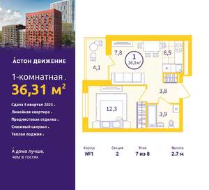 1-к квартира, вторичка, 36м2, 7/8 этаж