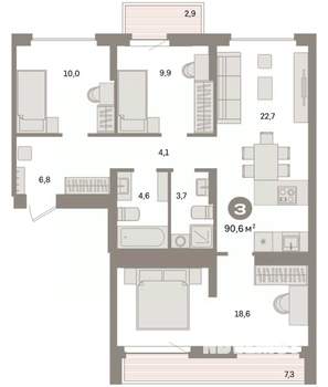 3-к квартира, вторичка, 91м2, 9/9 этаж