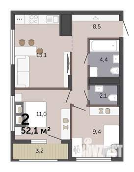 2-к квартира, вторичка, 52м2, 17/19 этаж