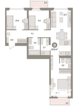 3-к квартира, вторичка, 87м2, 2/9 этаж