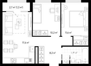 2-к квартира, строящийся дом, 54м2, 5/24 этаж