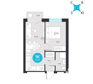 1-к квартира, строящийся дом, 35м2, 17/23 этаж