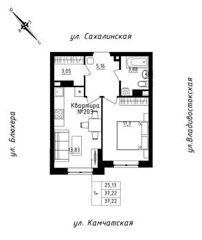 1-к квартира, строящийся дом, 37м2, 17/25 этаж