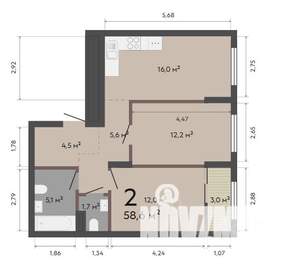 2-к квартира, строящийся дом, 59м2, 9/17 этаж