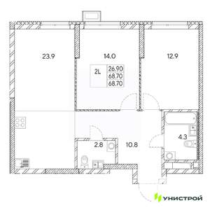 2-к квартира, вторичка, 69м2, 23/31 этаж