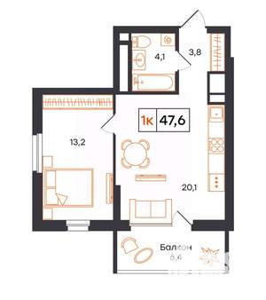 1-к квартира, вторичка, 48м2, 10/21 этаж
