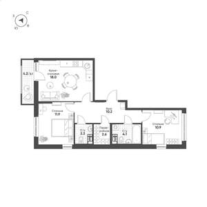 2-к квартира, строящийся дом, 62м2, 12/15 этаж