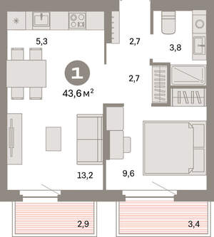 1-к квартира, вторичка, 44м2, 5/16 этаж