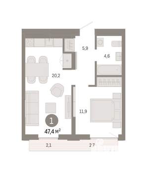 1-к квартира, вторичка, 47м2, 11/16 этаж