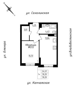 1-к квартира, строящийся дом, 36м2, 20/25 этаж