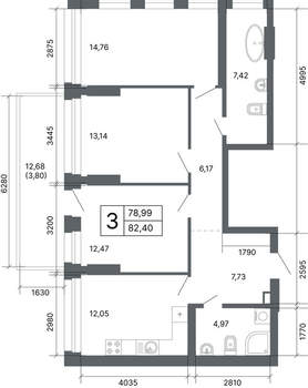 3-к квартира, вторичка, 78м2, 1/24 этаж