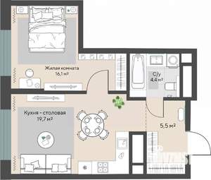 1-к квартира, строящийся дом, 46м2, 15/30 этаж