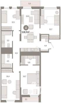 3-к квартира, вторичка, 119м2, 8/17 этаж