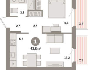 1-к квартира, вторичка, 44м2, 5/16 этаж
