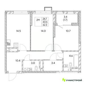 2-к квартира, вторичка, 62м2, 22/31 этаж