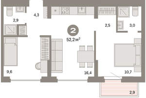 2-к квартира, вторичка, 52м2, 3/16 этаж