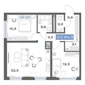 2-к квартира, строящийся дом, 64м2, 3/17 этаж